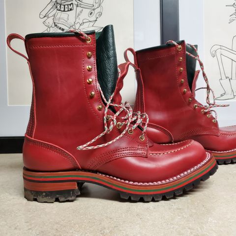 Nicks Custom Moc Toes in Horween Cavalier "London Bus Red" & Seidel Green Softy Buffalo