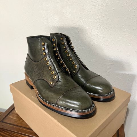 View photo of Iron Boots Drop 9 in Horween Green Pioneer Hatchgrain