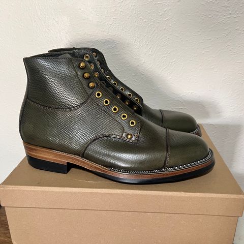 View photo of Iron Boots Drop 9 in Horween Green Pioneer Hatchgrain