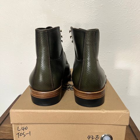 View photo of Iron Boots Drop 9 in Horween Green Pioneer Hatchgrain