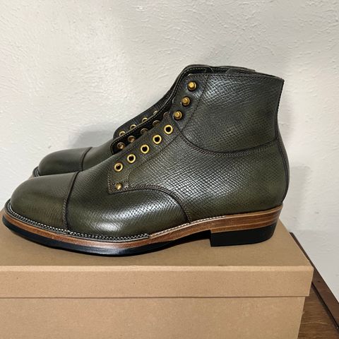 View photo of Iron Boots Drop 9 in Horween Green Pioneer Hatchgrain