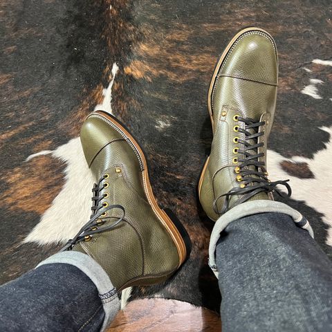 View photo of Iron Boots Drop 9 in Horween Green Pioneer Hatchgrain