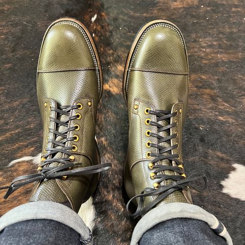 View photo of Iron Boots Drop 9 in Horween Green Pioneer Hatchgrain