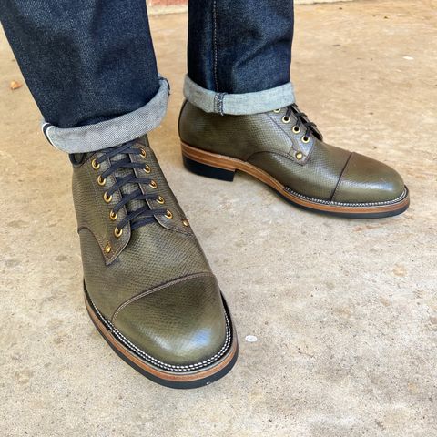 View photo of Iron Boots Drop 9 in Horween Green Pioneer Hatchgrain