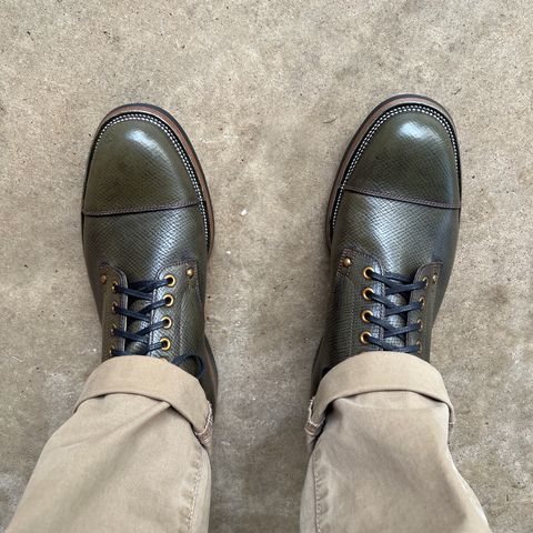 View photo of Iron Boots Drop 9 in Horween Green Pioneer Hatchgrain