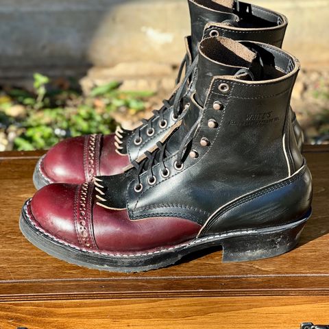 View photo of White's Bounty Hunter in Horween Black Chromexcel & Horween Burgundy Chromexcel