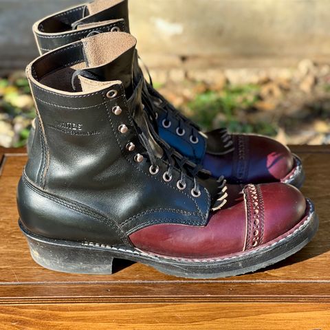 View photo of White's Bounty Hunter in Horween Black Chromexcel & Horween Burgundy Chromexcel