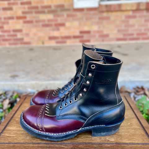 View photo of White's Bounty Hunter in Horween Black Chromexcel & Horween Burgundy Chromexcel