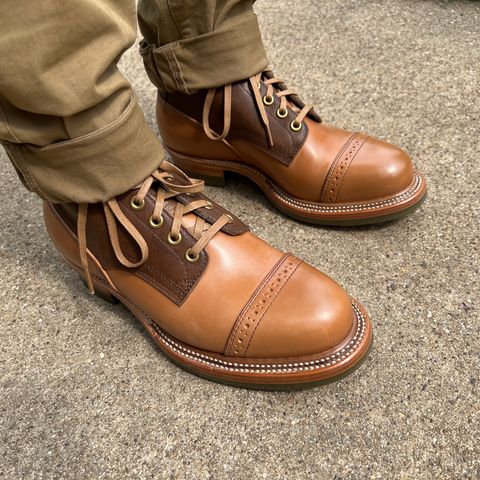 View photo of Quan Shoemaker Type 1 Service Boot in Dark Brown Camel & Maryam Fango Horsebutt