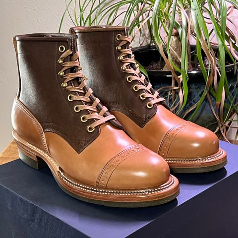 View photo of Quan Shoemaker Type 1 Service Boot in Dark Brown Camel & Maryam Fango Horsebutt