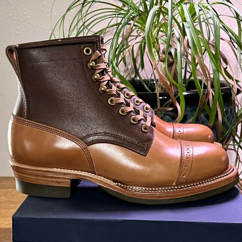 View photo of Quan Shoemaker Type 1 Service Boot in Dark Brown Camel & Maryam Fango Horsebutt