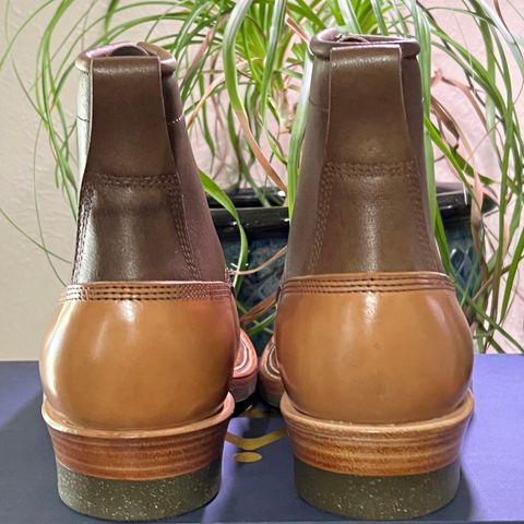 View photo of Quan Shoemaker Type 1 Service Boot in Dark Brown Camel & Maryam Fango Horsebutt