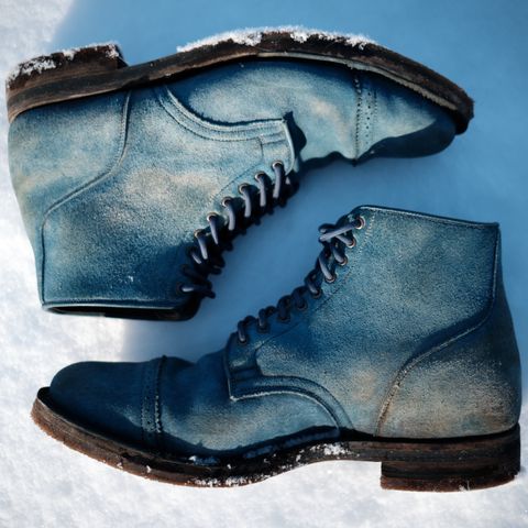 Viberg Service Boot in C.F. Stead Milkshake Janus Calf Suede & indigo dyed C.F. Stead Milkshake suede