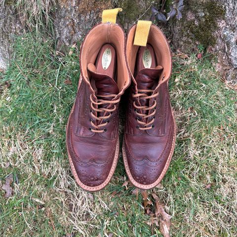 View photo of Tricker's Stow Country Boot in C.F. Stead Bordeaux Oiled Shoulder