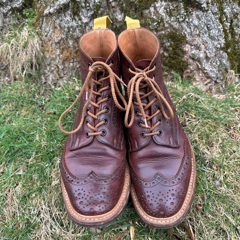 View photo of Tricker's Stow Country Boot in C.F. Stead Bordeaux Oiled Shoulder