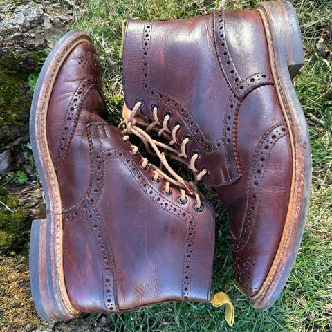 View photo of Tricker's Stow Country Boot in C.F. Stead Bordeaux Oiled Shoulder