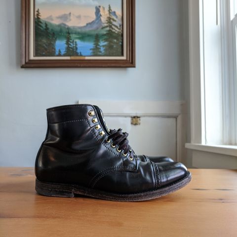 View photo of Alden Perforated Cap Toe Boot in Horween Black Shell Cordovan