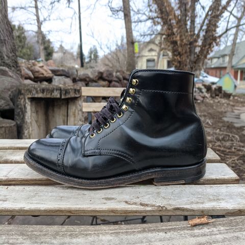 View photo of Alden Perforated Cap Toe Boot in Horween Black Shell Cordovan