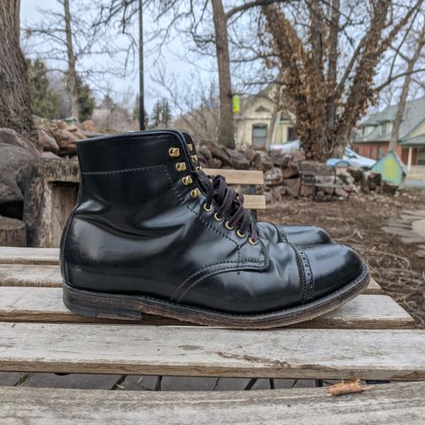 View photo of Alden Perforated Cap Toe Boot in Horween Black Shell Cordovan