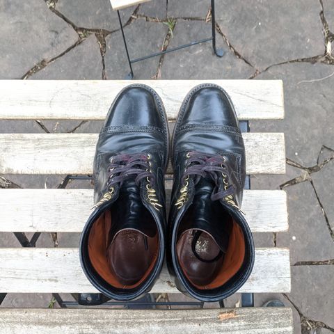 View photo of Alden Perforated Cap Toe Boot in Horween Black Shell Cordovan