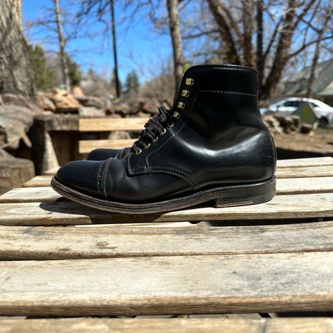 View photo of Alden Perforated Cap Toe Boot in Horween Black Shell Cordovan