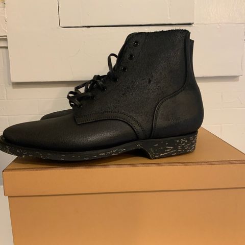 View photo of Clinch Yeager Boots in Gustave Roughout Wax Pressed Black