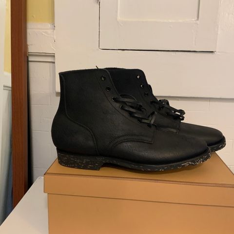 View photo of Clinch Yeager Boots in Gustave Roughout Wax Pressed Black