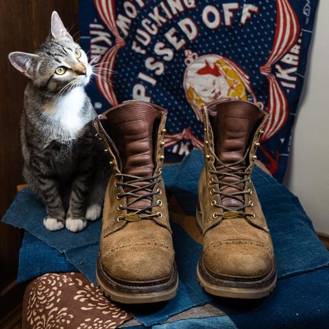 View photo of Rolling Dub Trio Forester II Boot in Nakamura Sennosuke Shoten Dark Beige Suede