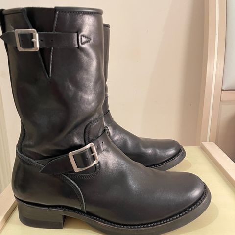 View photo of Addict Boots AB-01 Engineer Boots in Black Dye-Finished Horsehide