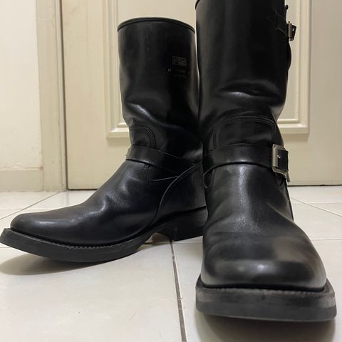 View photo of Addict Boots AB-01 Engineer Boots in Black Dye-Finished Horsehide