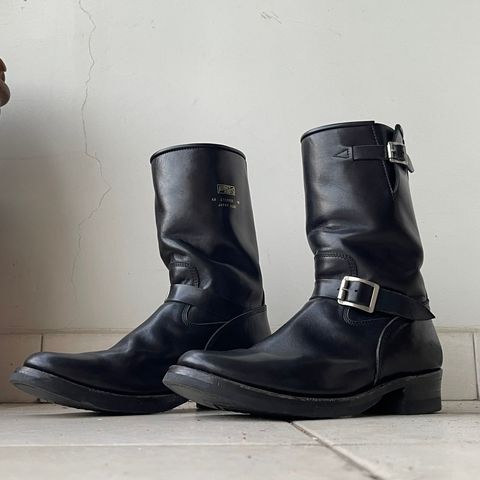 View photo of Addict Boots AB-01 Engineer Boots in Black Dye-Finished Horsehide