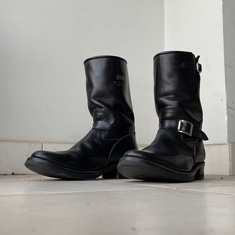 View photo of Addict Boots AB-01 Engineer Boots in Black Dye-Finished Horsehide