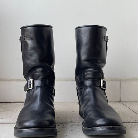 View photo of Addict Boots AB-01 Engineer Boots in Black Dye-Finished Horsehide