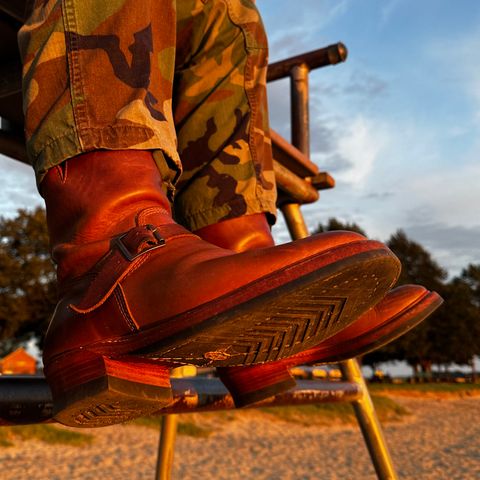 View photo of John Lofgren Wabash Engineer Boots in Horween Natural Chromexcel