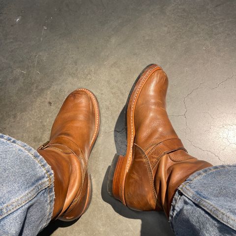 View photo of John Lofgren Wabash Engineer Boots in Horween Natural Chromexcel