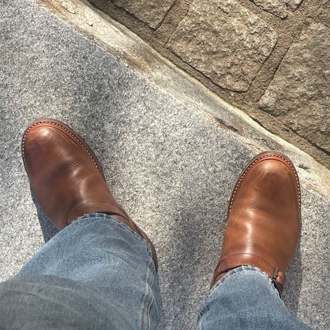 View photo of John Lofgren Wabash Engineer Boots in Horween Natural Chromexcel