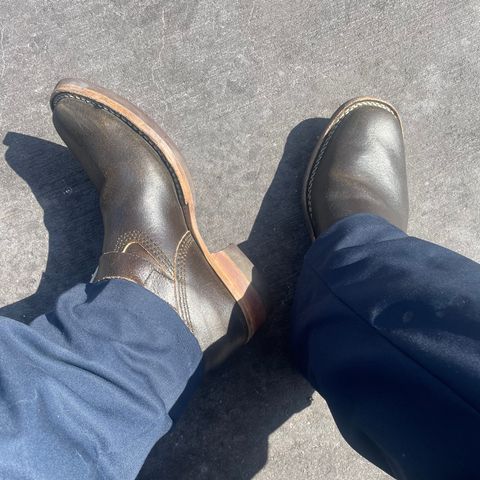 View photo of Wesco 1939 Engineer Boot in Horween Olive Waxed Flesh