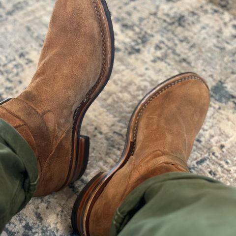 View photo of Wesco x Ship John Derroll Boot in Seidel British Tan Domain Roughout