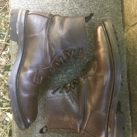 View photo of Tricker's Burford Plain Derby Boot in Dark Brown Olivia Scotch Grain