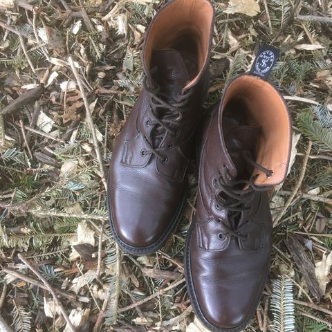 View photo of Tricker's Burford Plain Derby Boot in Dark Brown Olivia Scotch Grain