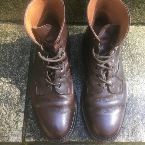 View photo of Tricker's Burford Plain Derby Boot in Dark Brown Olivia Scotch Grain