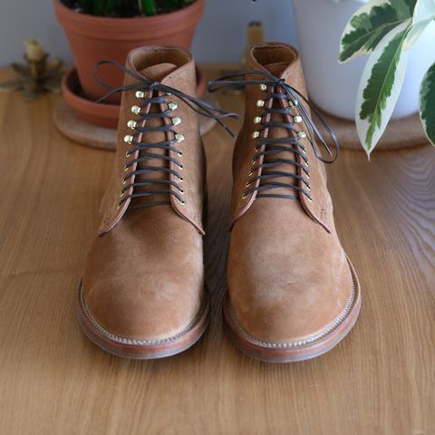 View photo of Viberg Derby Boot in C.F. Stead Anise Calf Suede