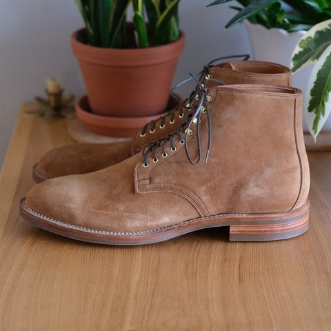 View photo of Viberg Derby Boot in C.F. Stead Anise Calf Suede