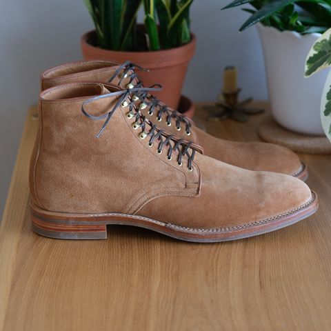 View photo of Viberg Derby Boot in C.F. Stead Anise Calf Suede