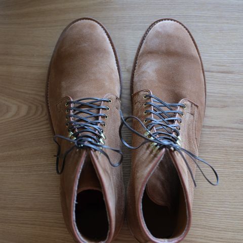 View photo of Viberg Derby Boot in C.F. Stead Anise Calf Suede