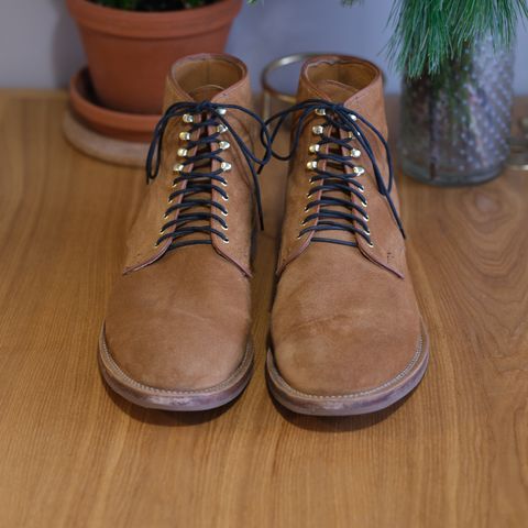 View photo of Viberg Derby Boot in C.F. Stead Anise Calf Suede