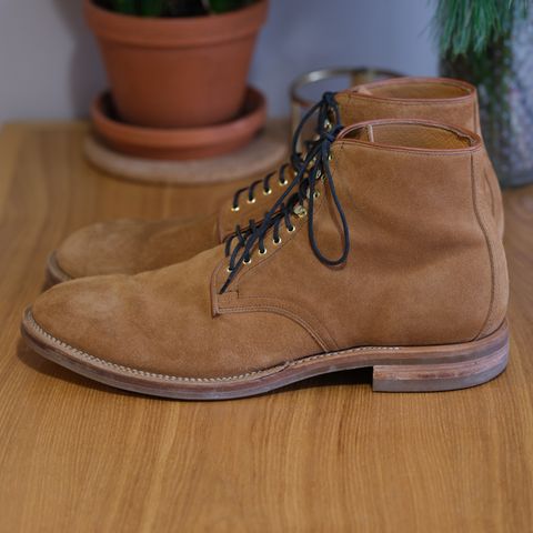 View photo of Viberg Derby Boot in C.F. Stead Anise Calf Suede