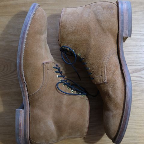 View photo of Viberg Derby Boot in C.F. Stead Anise Calf Suede