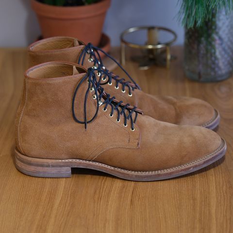 View photo of Viberg Derby Boot in C.F. Stead Anise Calf Suede