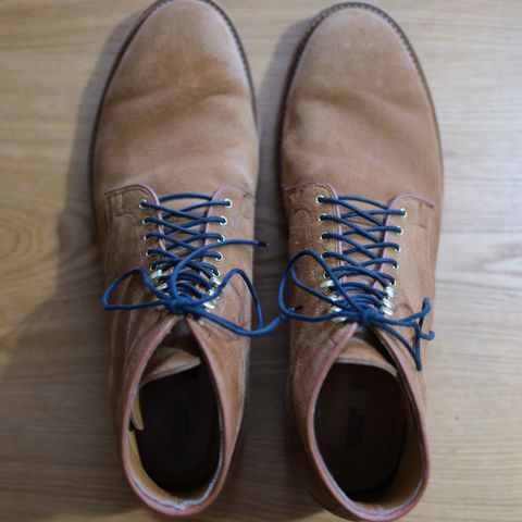 View photo of Viberg Derby Boot in C.F. Stead Anise Calf Suede